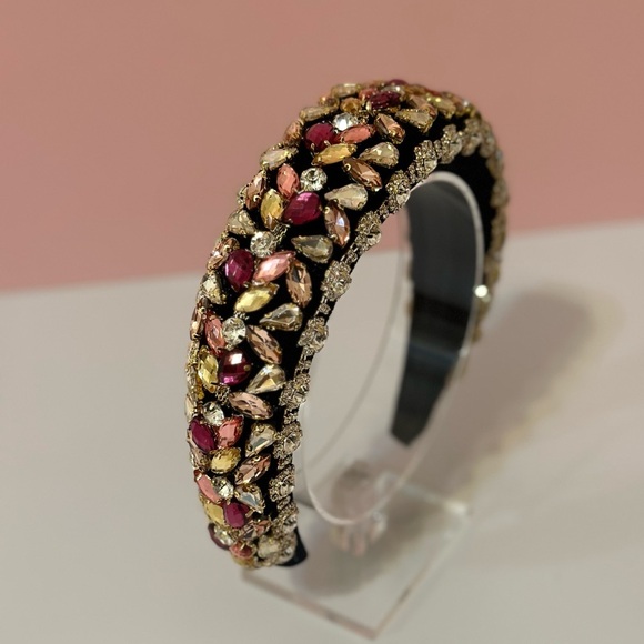 Two Tone Pink and White Rhinestone Black Velvet Headband - Picture 6 of 9